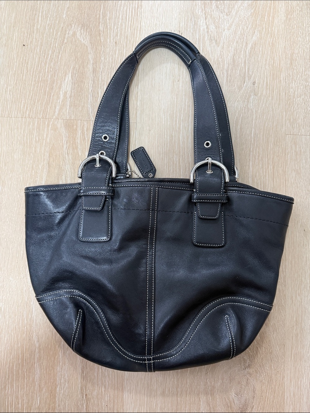 Coach Vintage Black Leather Shoulder Bag with Silver Hardware